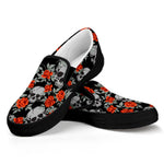 Red Rose Grey Skull Pattern Print Black Slip On Sneakers