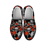 Red Rose Grey Skull Pattern Print Black Slip On Sneakers