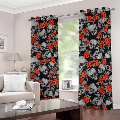 Red Rose Grey Skull Pattern Print Blackout Grommet Curtains