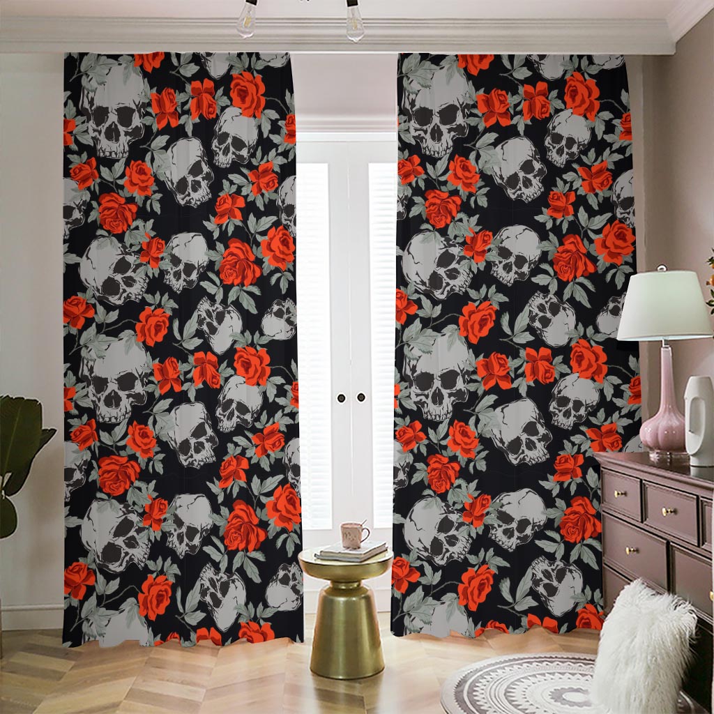 Red Rose Grey Skull Pattern Print Blackout Pencil Pleat Curtains