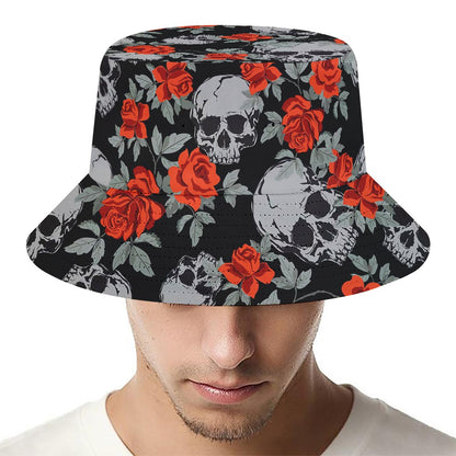 Red Rose Grey Skull Pattern Print Bucket Hat