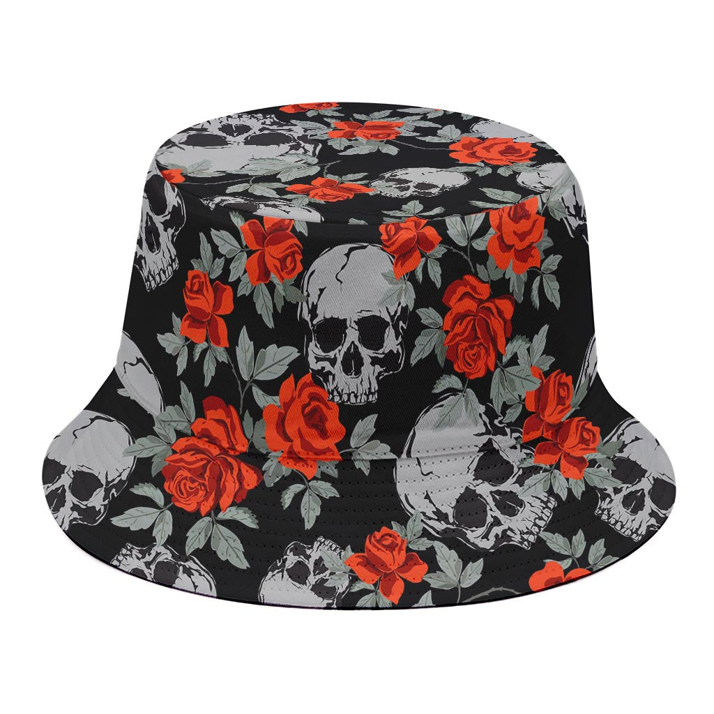 Red Rose Grey Skull Pattern Print Bucket Hat