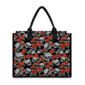 Red Rose Grey Skull Pattern Print Canvas Tote Bag