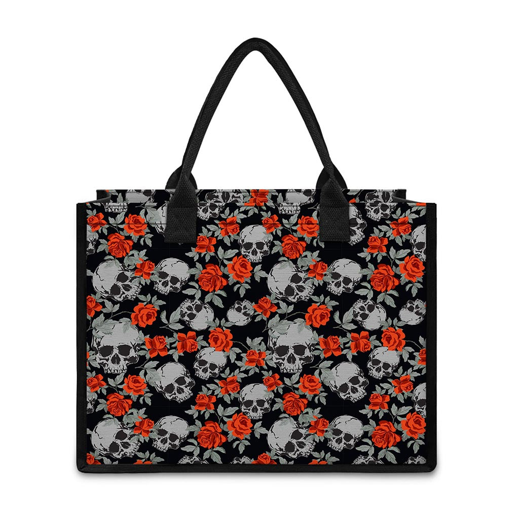 Red Rose Grey Skull Pattern Print Canvas Tote Bag