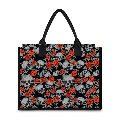 Red Rose Grey Skull Pattern Print Canvas Tote Bag