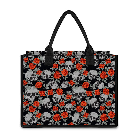 Red Rose Grey Skull Pattern Print Canvas Tote Bag
