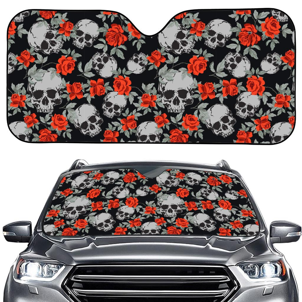 Red Rose Grey Skull Pattern Print Car Windshield Sun Shade