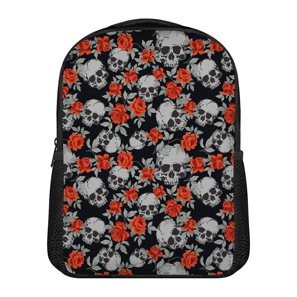 Red Rose Grey Skull Pattern Print Casual Backpack