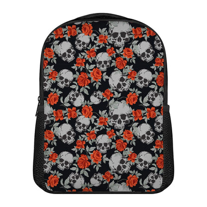 Red Rose Grey Skull Pattern Print Casual Backpack