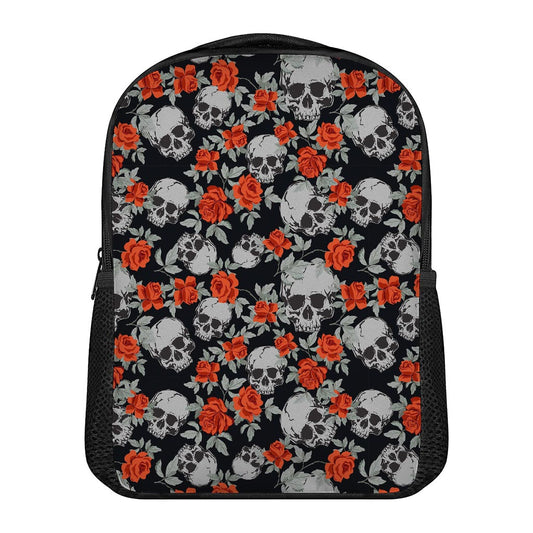 Red Rose Grey Skull Pattern Print Casual Backpack