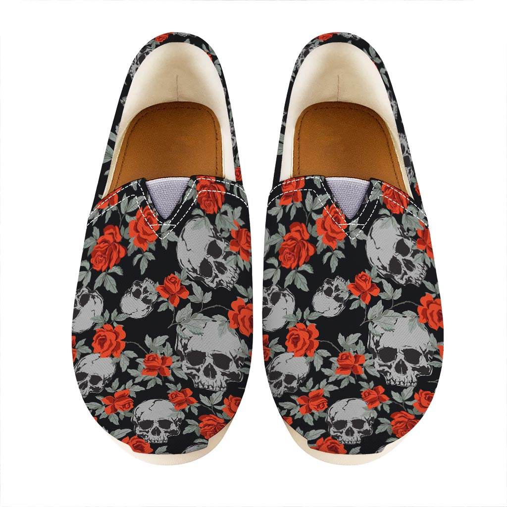 Red Rose Grey Skull Pattern Print Casual Shoes