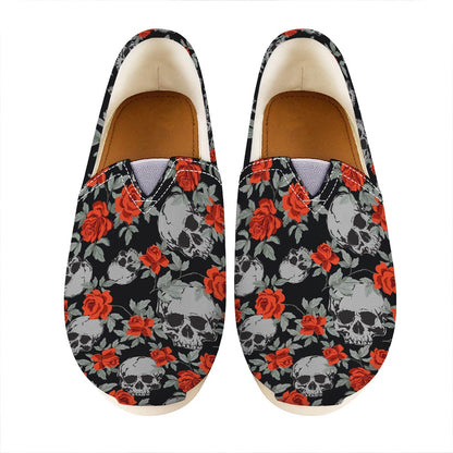 Red Rose Grey Skull Pattern Print Casual Shoes