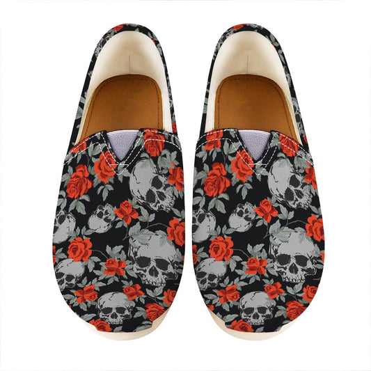 Red Rose Grey Skull Pattern Print Casual Shoes