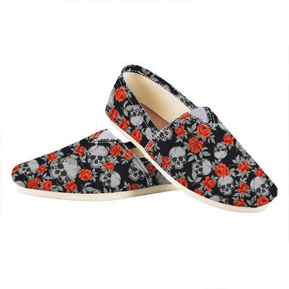 Red Rose Grey Skull Pattern Print Casual Shoes