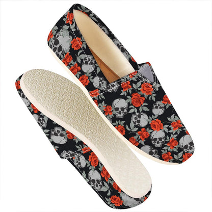 Red Rose Grey Skull Pattern Print Casual Shoes