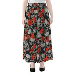 Red Rose Grey Skull Pattern Print Chiffon Maxi Skirt