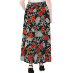 Red Rose Grey Skull Pattern Print Chiffon Maxi Skirt