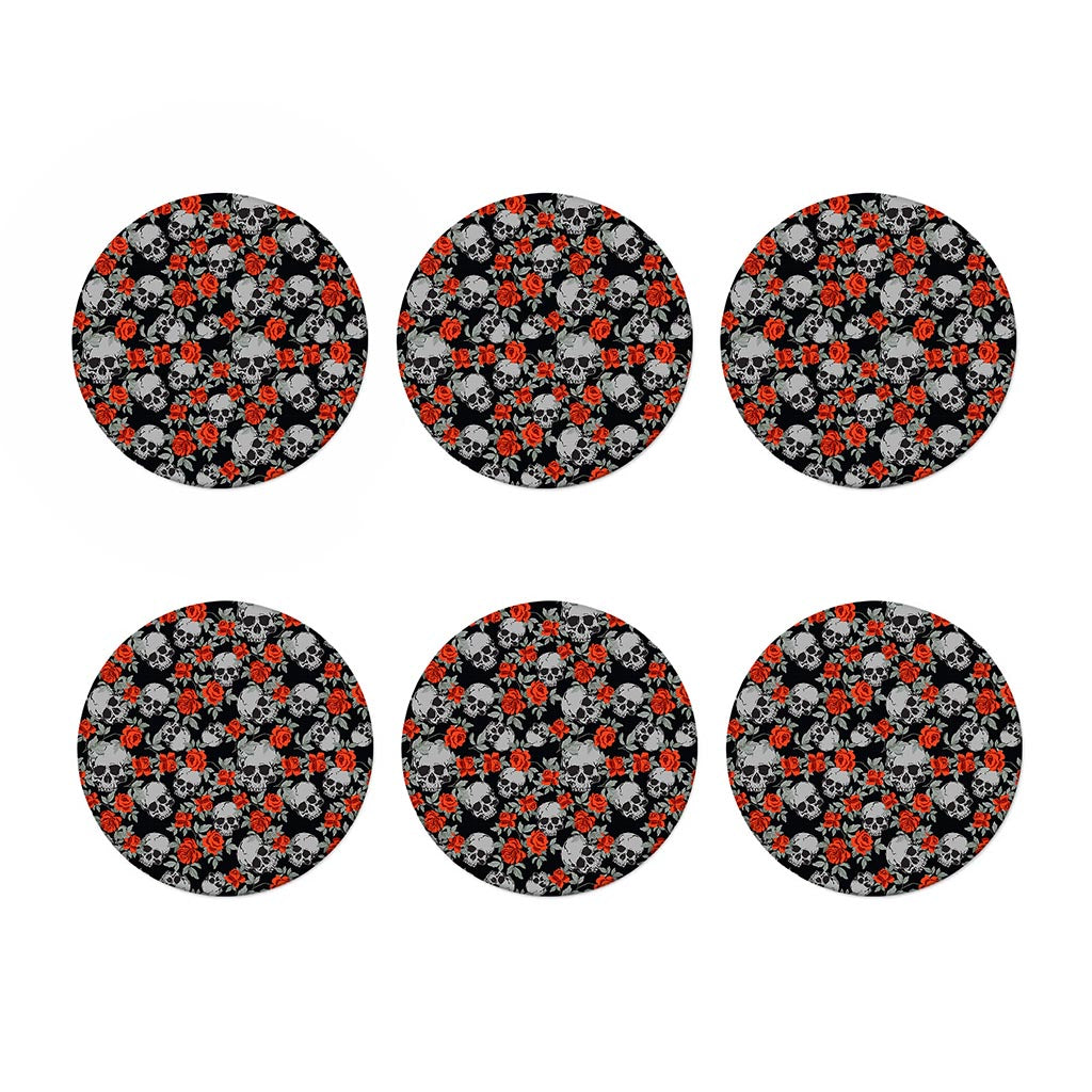 Red Rose Grey Skull Pattern Print Coaster Set