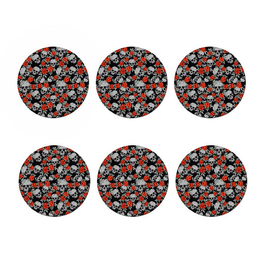 Red Rose Grey Skull Pattern Print Coaster Set