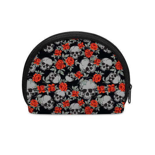 Red Rose Grey Skull Pattern Print Coin Purse