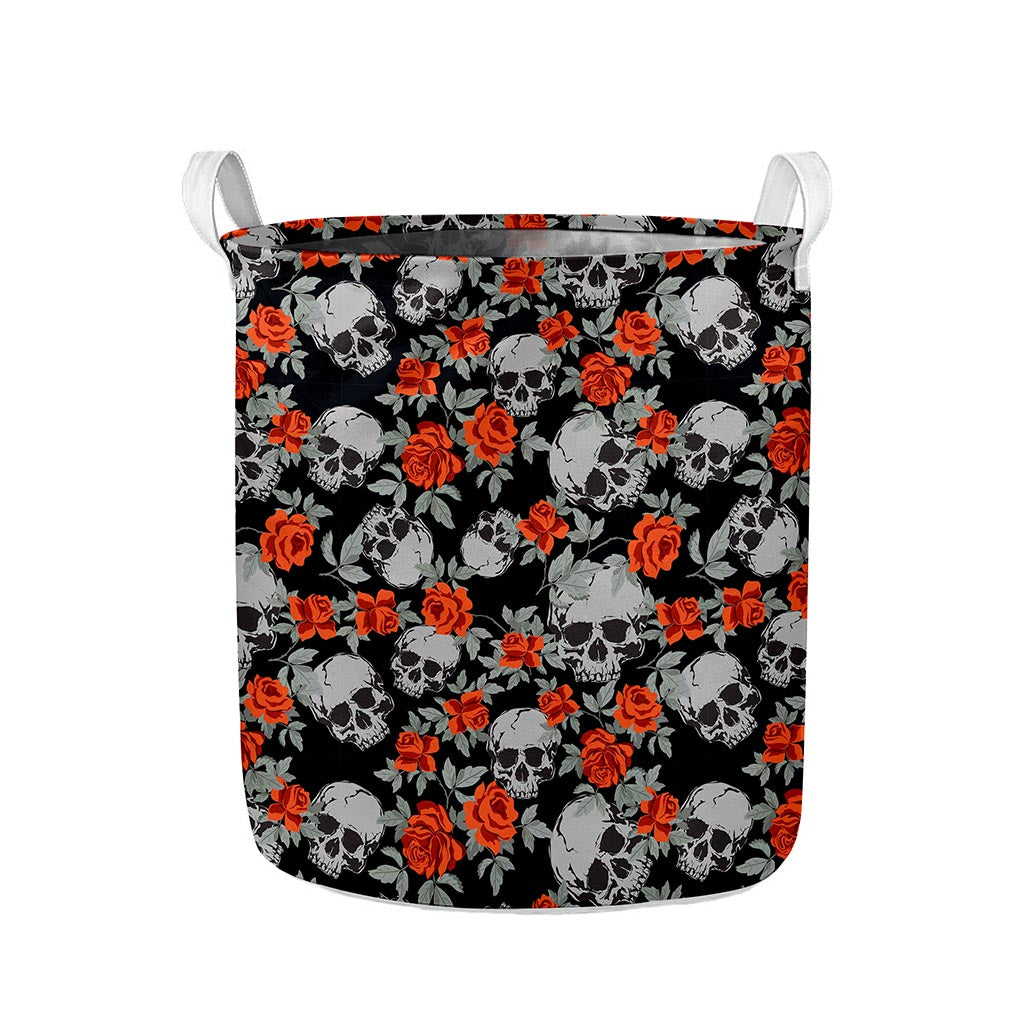 Red Rose Grey Skull Pattern Print Collapsible Laundry Basket