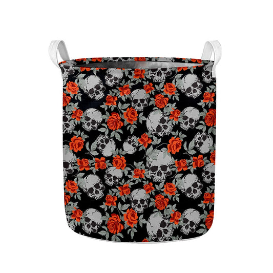 Red Rose Grey Skull Pattern Print Collapsible Laundry Basket
