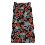 Red Rose Grey Skull Pattern Print Cotton Front Slit Maxi Skirt