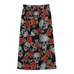Red Rose Grey Skull Pattern Print Cotton Front Slit Maxi Skirt
