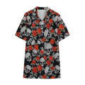 Red Rose Grey Skull Pattern Print Cotton Hawaiian Shirt