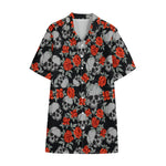 Red Rose Grey Skull Pattern Print Cotton Hawaiian Shirt
