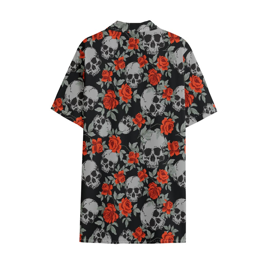 Red Rose Grey Skull Pattern Print Cotton Hawaiian Shirt