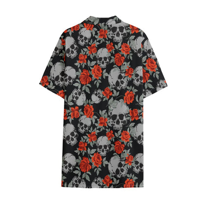 Red Rose Grey Skull Pattern Print Cotton Hawaiian Shirt