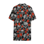 Red Rose Grey Skull Pattern Print Cotton Hawaiian Shirt