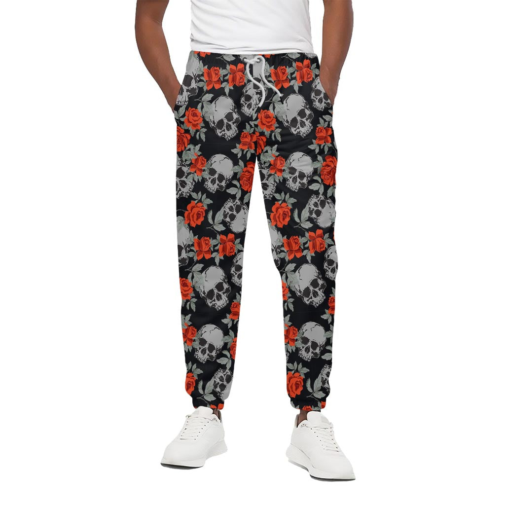 Red Rose Grey Skull Pattern Print Cotton Pants