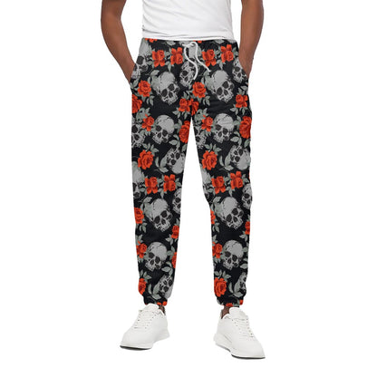 Red Rose Grey Skull Pattern Print Cotton Pants