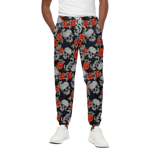 Red Rose Grey Skull Pattern Print Cotton Pants