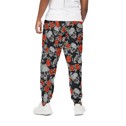 Red Rose Grey Skull Pattern Print Cotton Pants