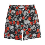Red Rose Grey Skull Pattern Print Cotton Shorts