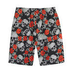 Red Rose Grey Skull Pattern Print Cotton Shorts