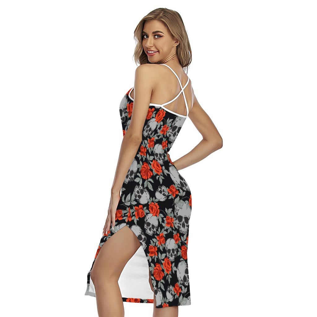 Red Rose Grey Skull Pattern Print Cross Back Cami Dress