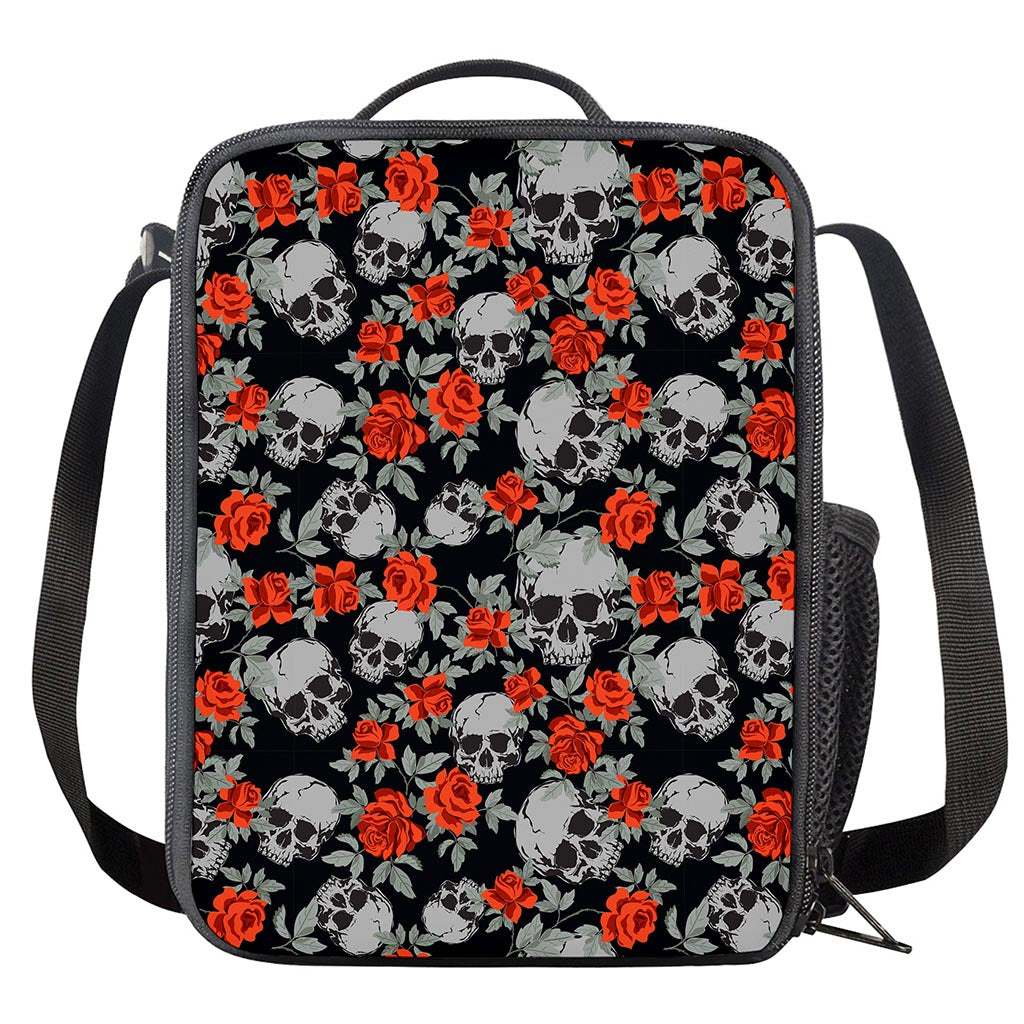 Red Rose Grey Skull Pattern Print Crossbody Lunch Bag