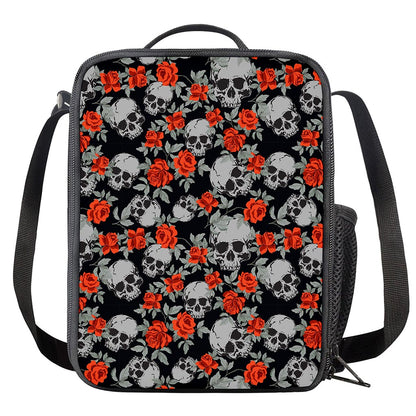 Red Rose Grey Skull Pattern Print Crossbody Lunch Bag