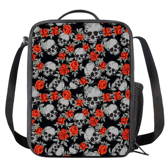 Red Rose Grey Skull Pattern Print Crossbody Lunch Bag