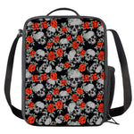 Red Rose Grey Skull Pattern Print Crossbody Lunch Bag