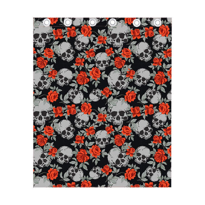 Red Rose Grey Skull Pattern Print Curtain