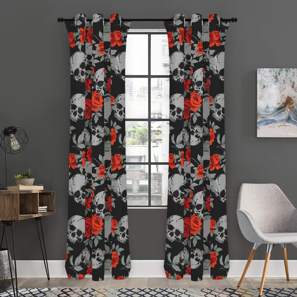 Red Rose Grey Skull Pattern Print Curtain