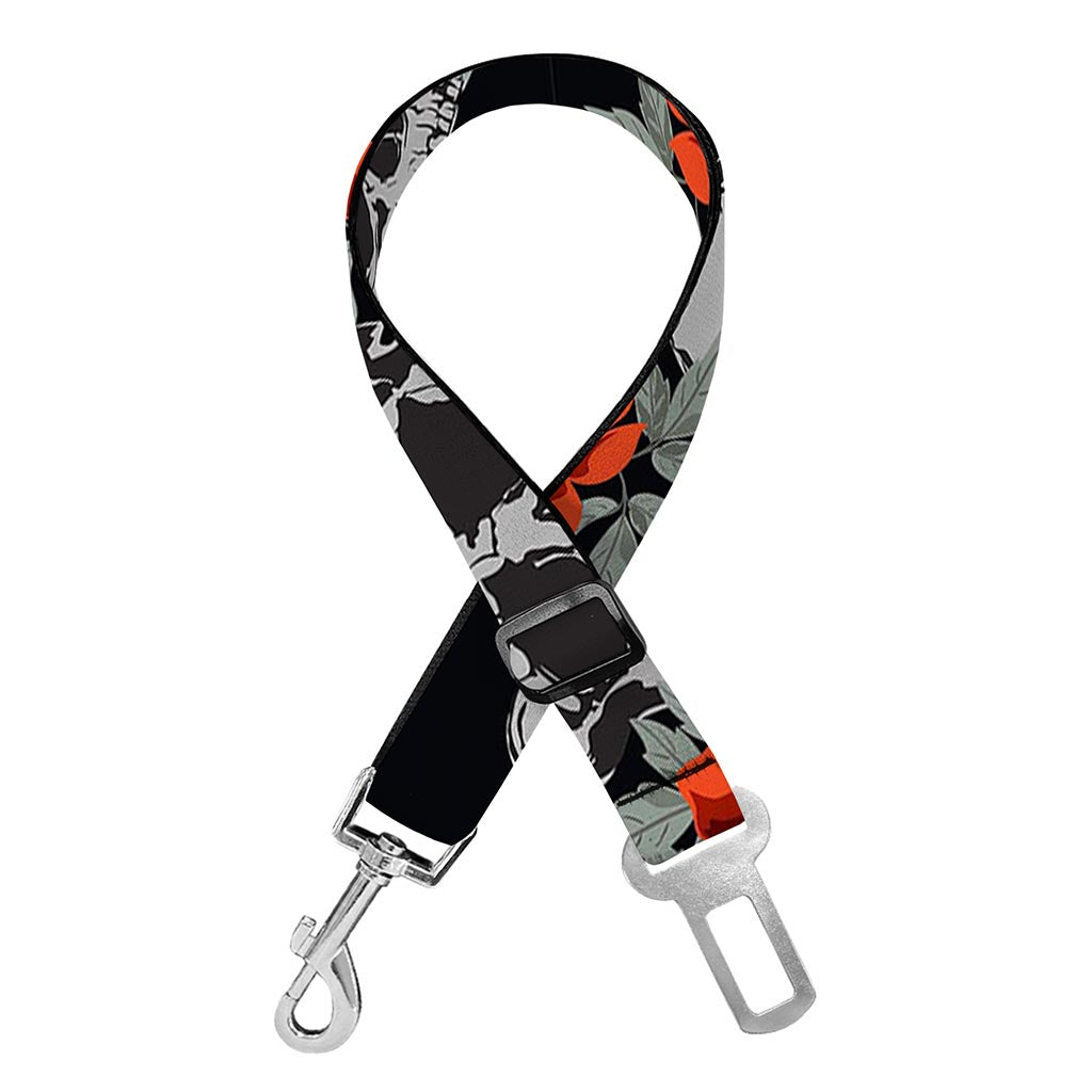 Red Rose Grey Skull Pattern Print Dog Seat Belt