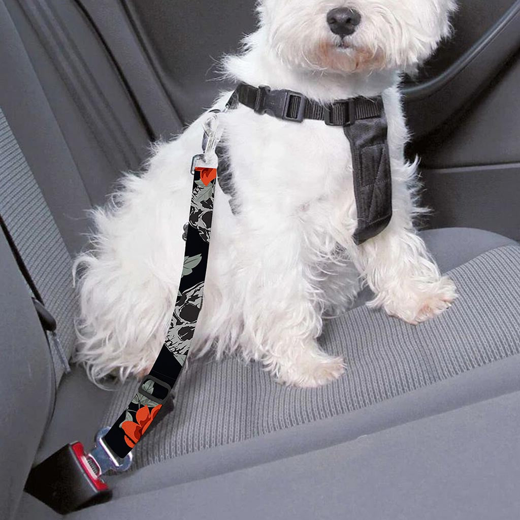 Red Rose Grey Skull Pattern Print Dog Seat Belt
