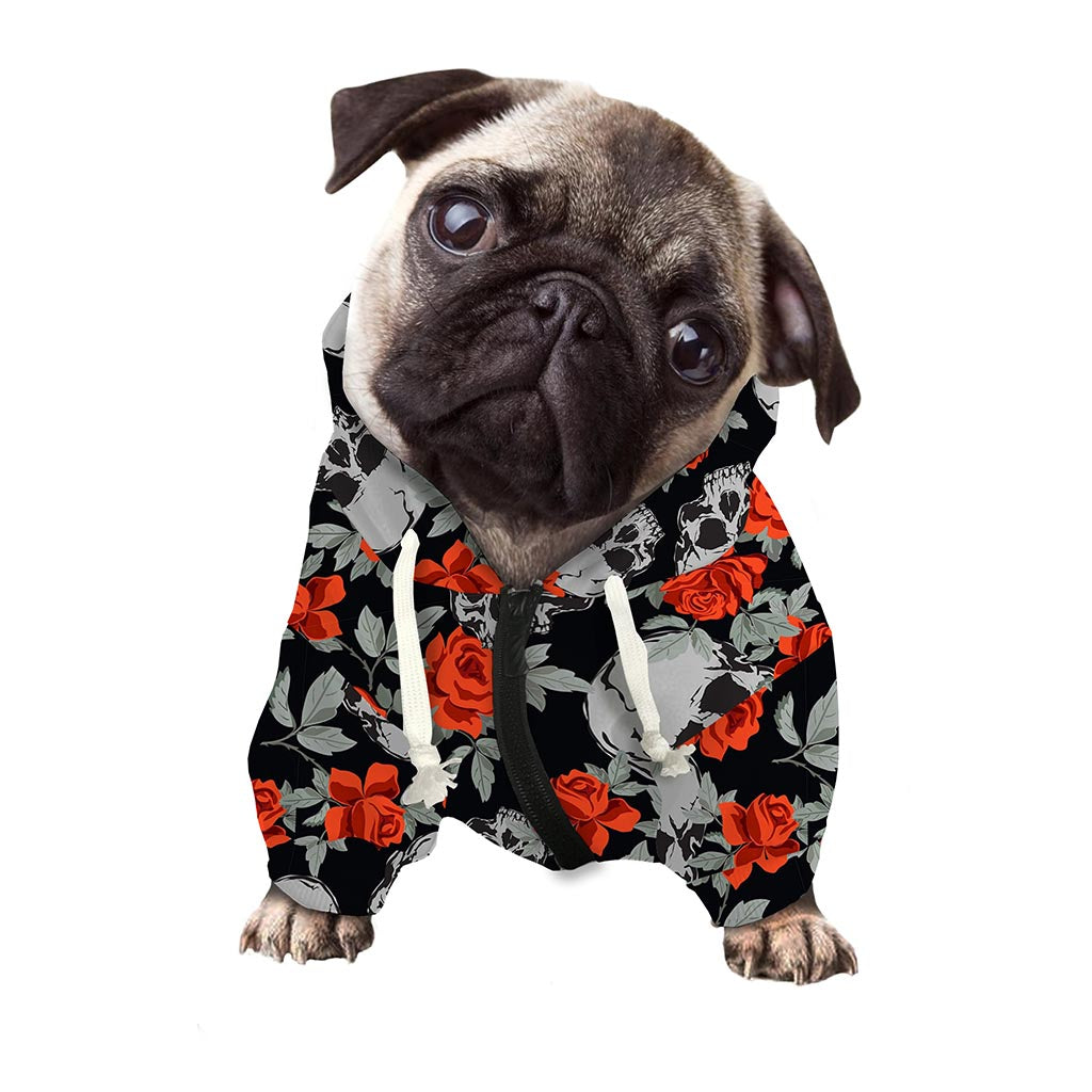 Red Rose Grey Skull Pattern Print Dog Zip Up Hoodie
