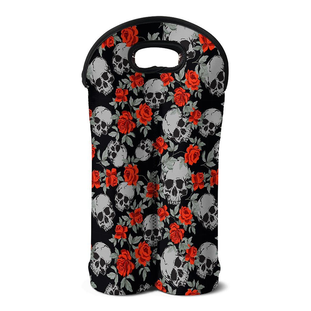 Red Rose Grey Skull Pattern Print Double Neoprene Wine Tote